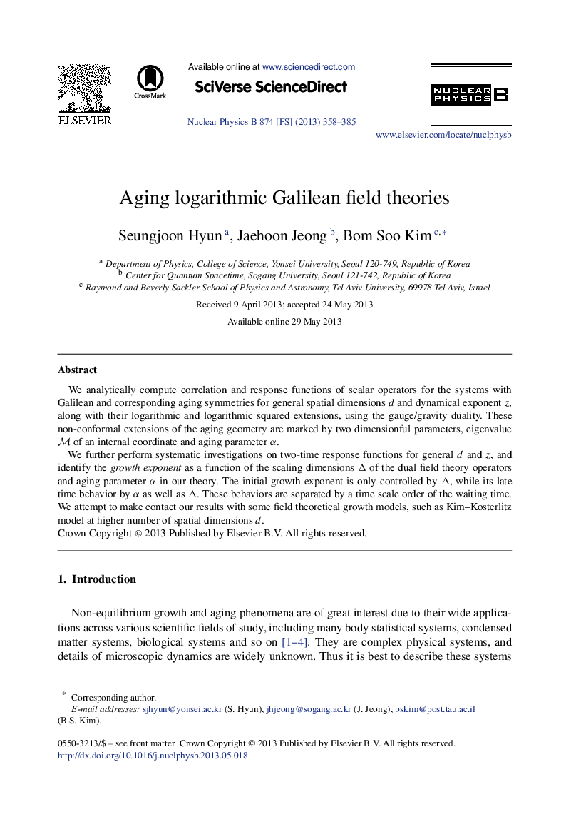 عکس صفحه اول مقاله: Aging logarithmic Galilean field theories Aging logarithmic Galilean field theories