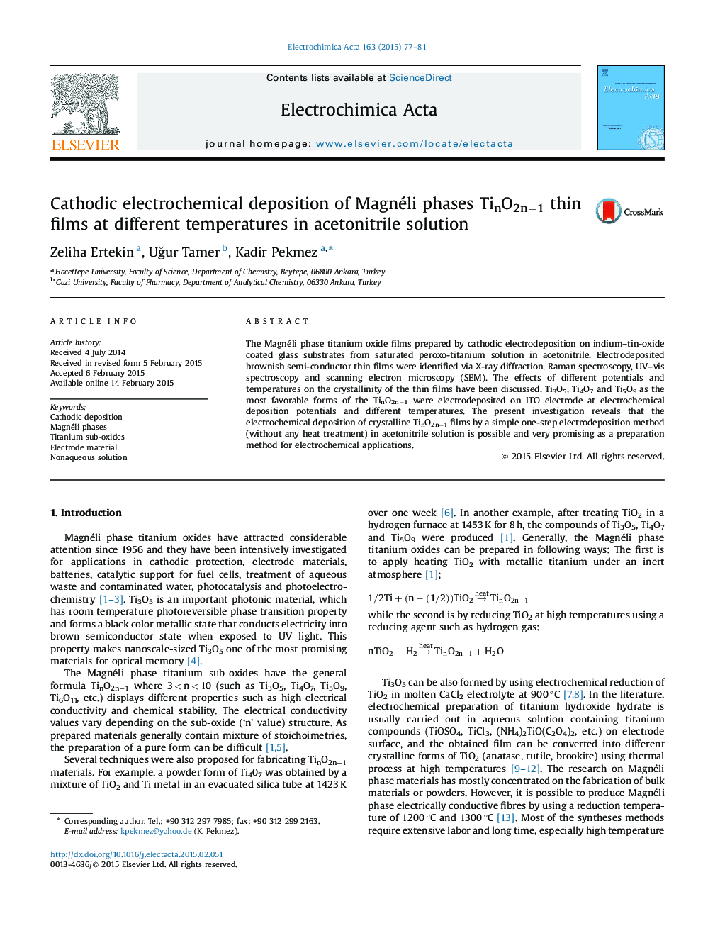 Cathodic electrochemical deposition of Magnéli phases TinO2n−1 thin films at different temperatures in acetonitrile solution