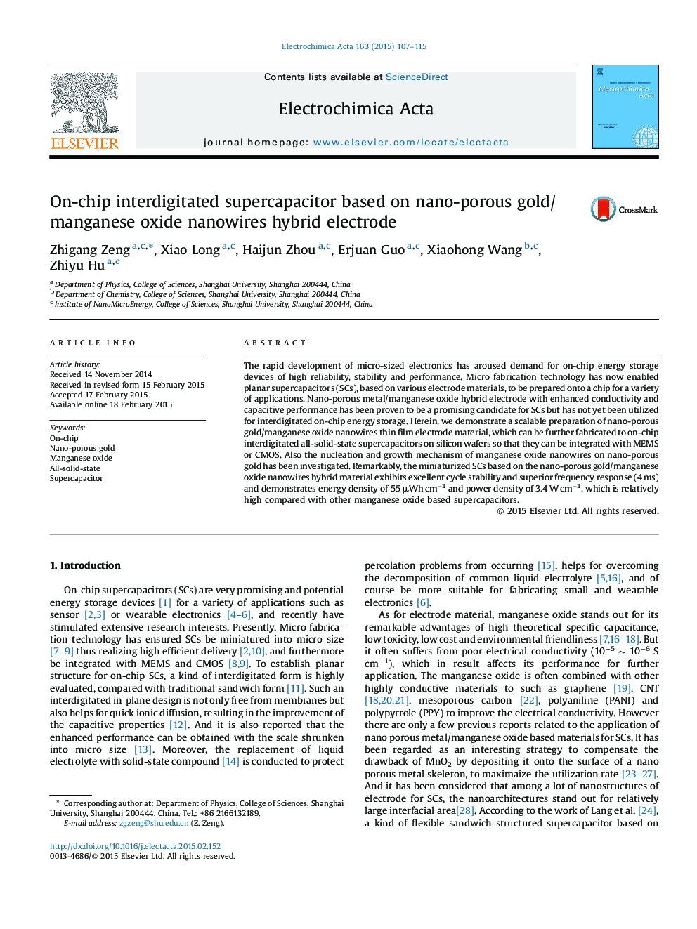 On-chip interdigitated supercapacitor based on nano-porous gold/manganese oxide nanowires hybrid electrode