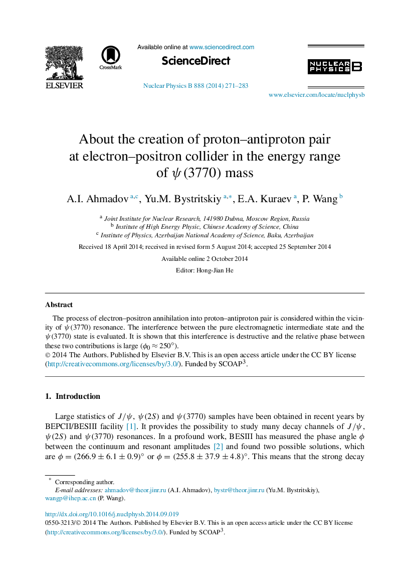 About the creation of proton–antiproton pair at electron–positron collider in the energy range of ψ(3770)ψ(3770) mass