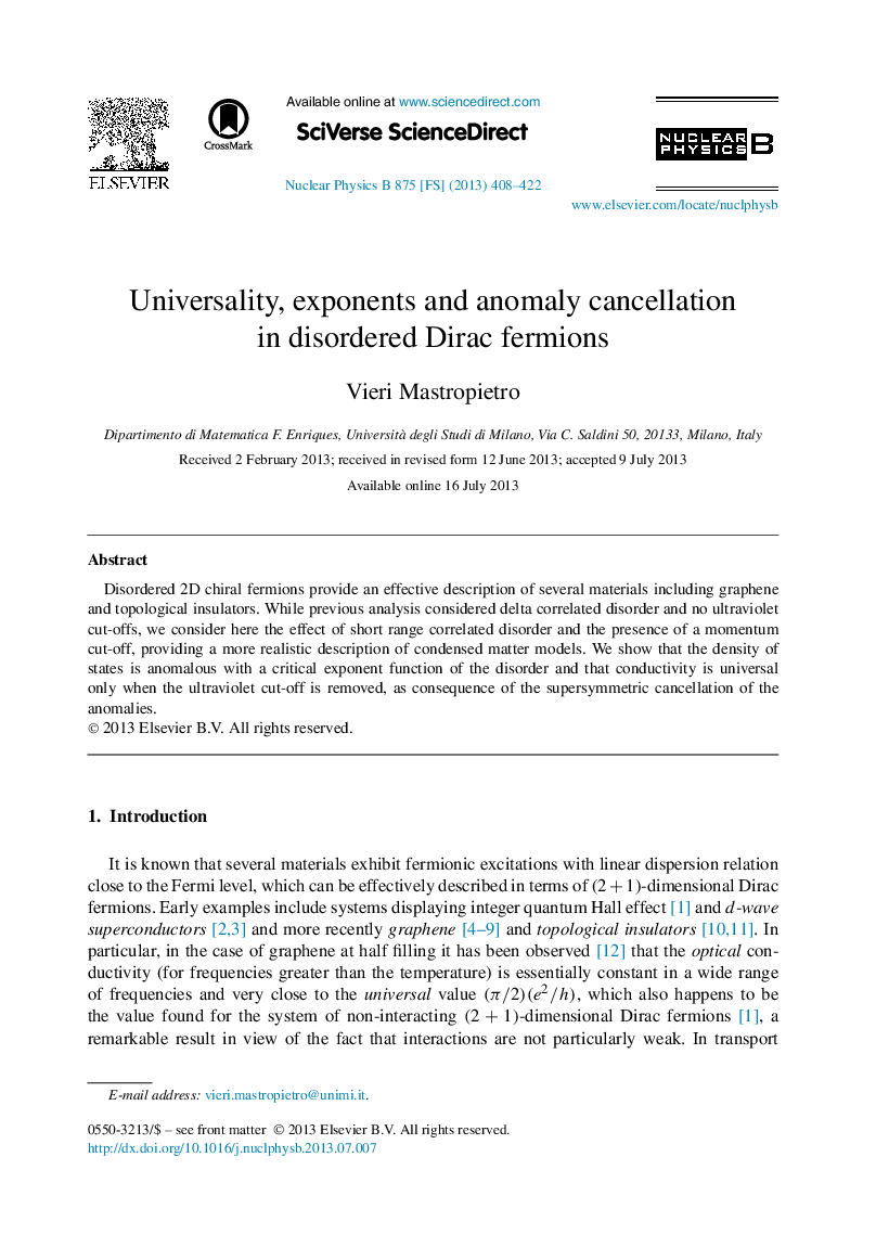 Universality, exponents and anomaly cancellation in disordered Dirac fermions