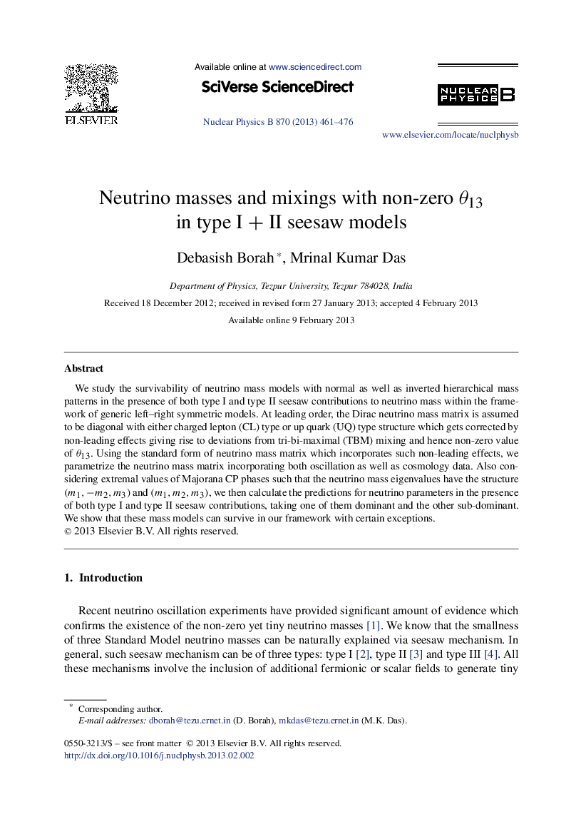 Neutrino masses and mixings with non-zero θ13θ13 in type I + II seesaw models