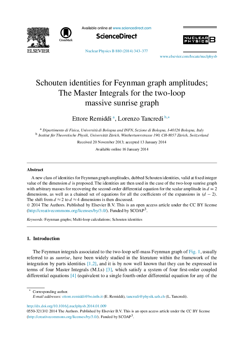 عکس صفحه اول مقاله: Schouten identities for Feynman graph amplitudes; The Master Integrals for the two-loop massive sunrise graph Schouten identities for Feynman graph amplitudes; The Master Integrals for the two-loop massive sunrise graph