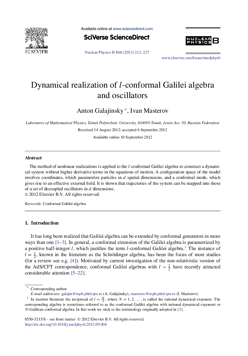 Dynamical realization of l-conformal Galilei algebra and oscillators
