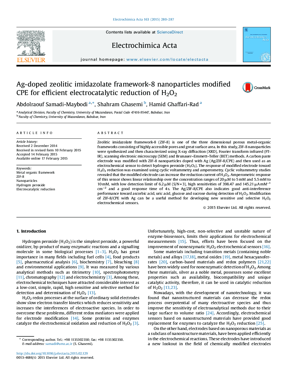 Ag-doped zeolitic imidazolate framework-8 nanoparticles modified CPE for efficient electrocatalytic reduction of H2O2