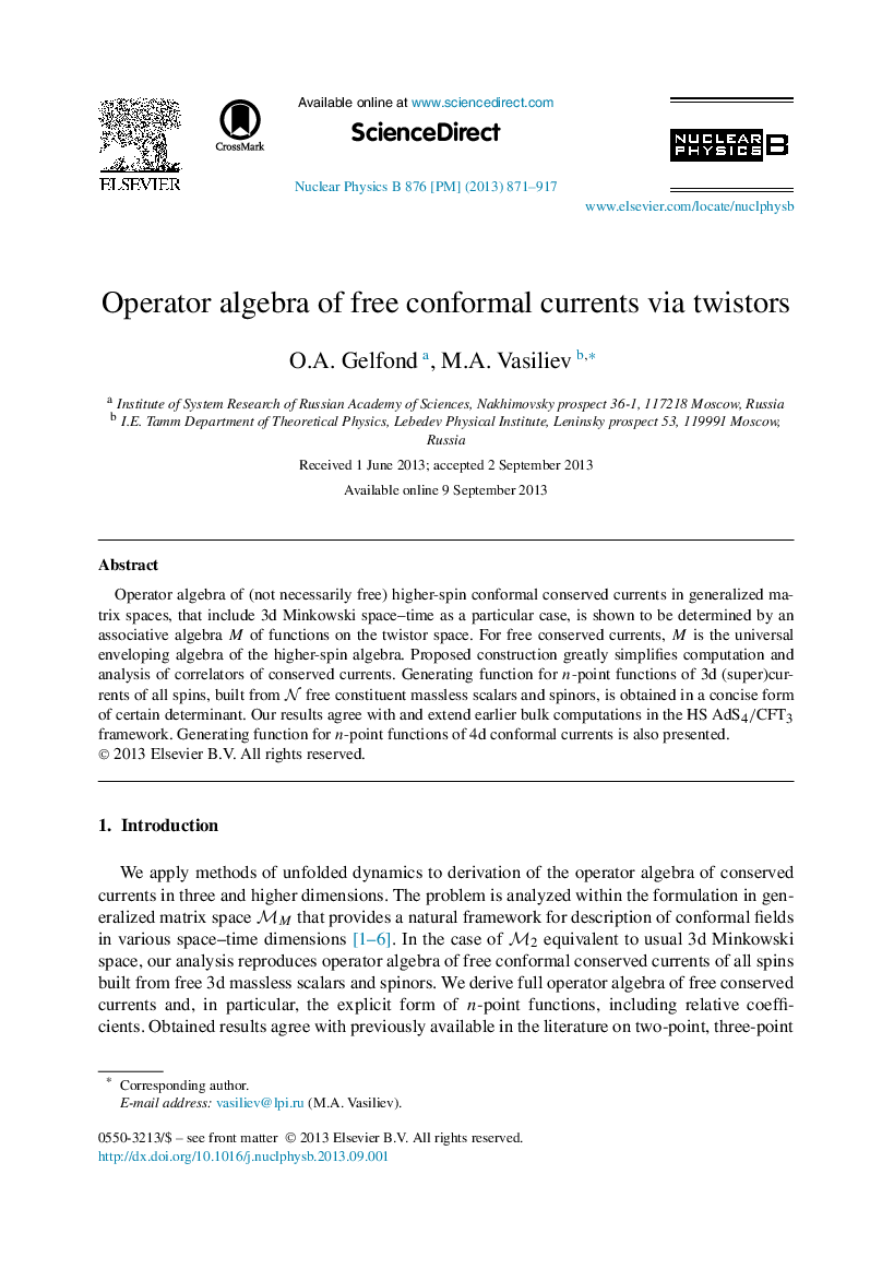 عکس صفحه اول مقاله: Operator algebra of free conformal currents via twistors Operator algebra of free conformal currents via twistors