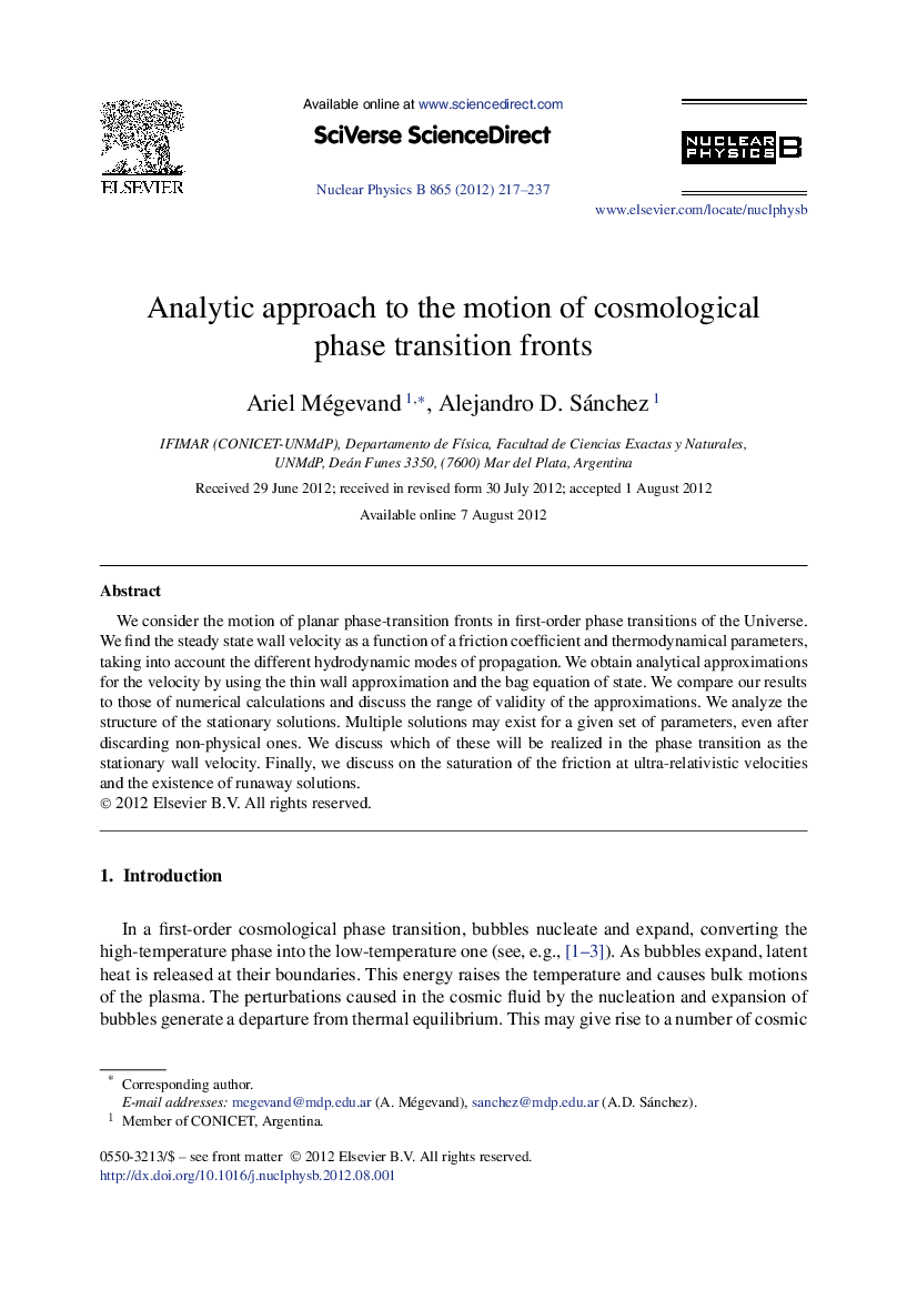 Analytic approach to the motion of cosmological phase transition fronts