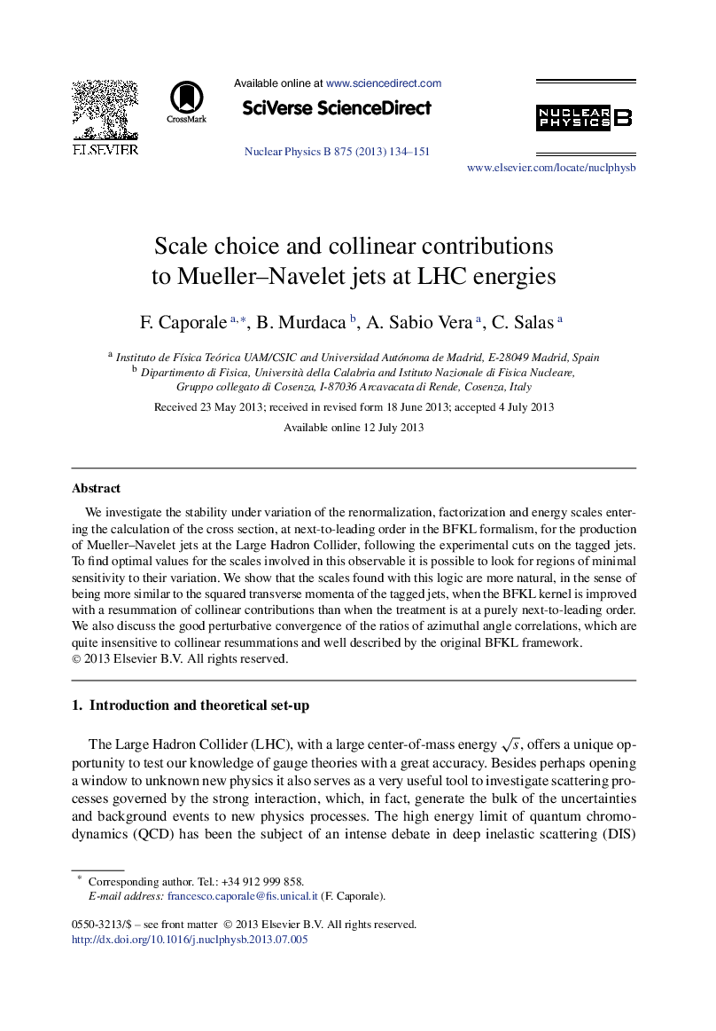 عکس صفحه اول مقاله: Scale choice and collinear contributions to Mueller-Navelet jets at LHC energies Scale choice and collinear contributions to Mueller-Navelet jets at LHC energies
