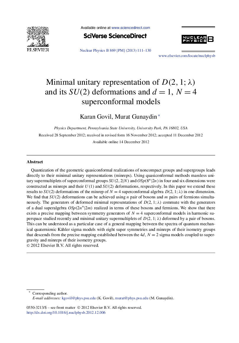 عکس صفحه اول مقاله: Minimal unitary representation of D(2,1;λ) and its SU(2) deformations and d=1, N=4 superconformal models Minimal unitary representation of D(2,1;λ) and its SU(2) deformations and d=1, N=4 superconformal models