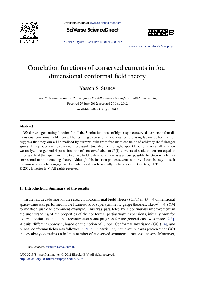 Correlation functions of conserved currents in four dimensional conformal field theory