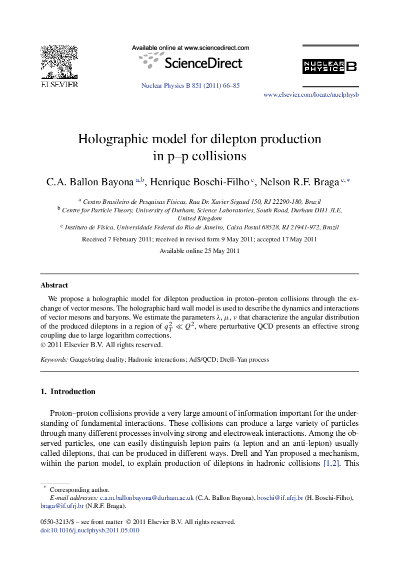 Holographic model for dilepton production in p–p collisions