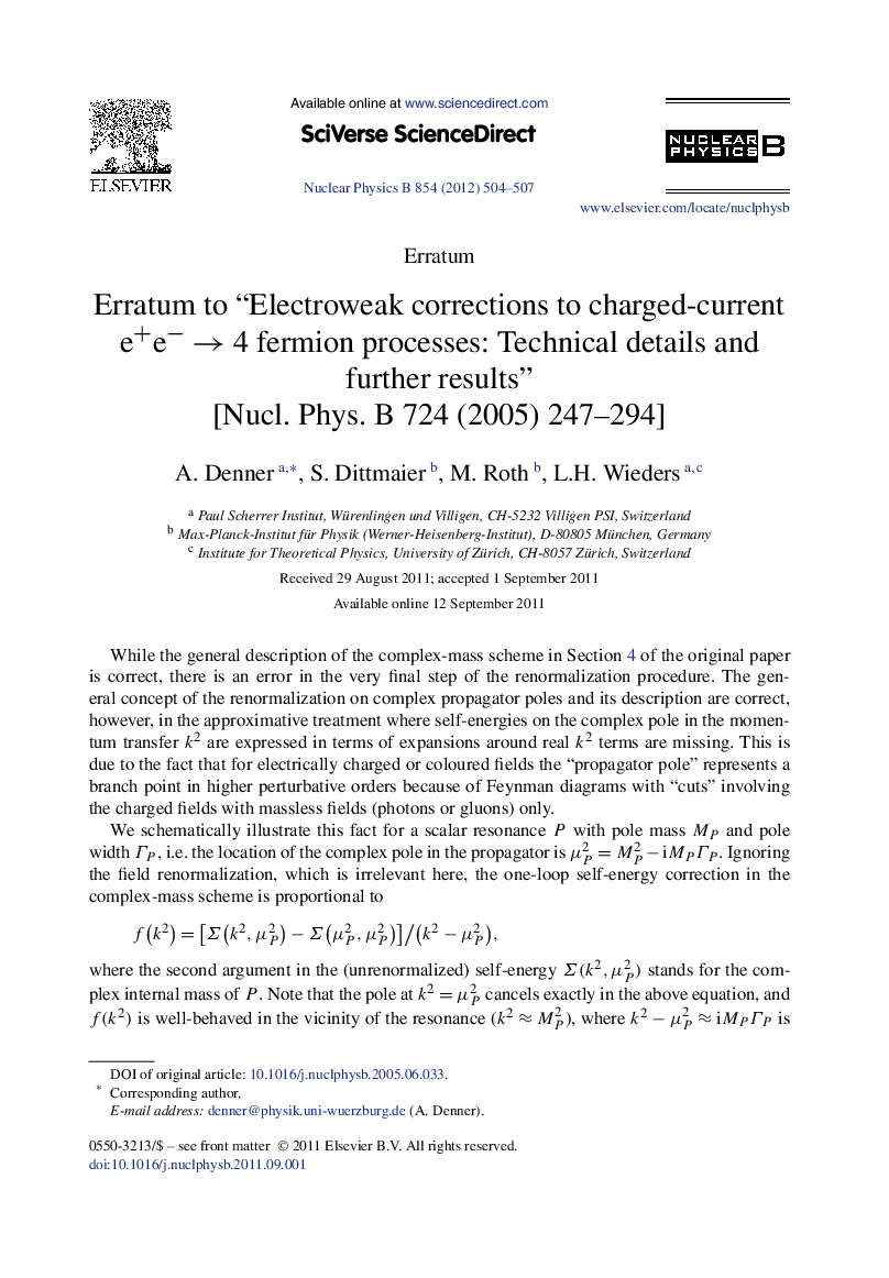 Erratum to “Electroweak corrections to charged-current e+eââ4 fermion processes: Technical details and further results” [Nucl. Phys. B 724 (2005) 247-294]