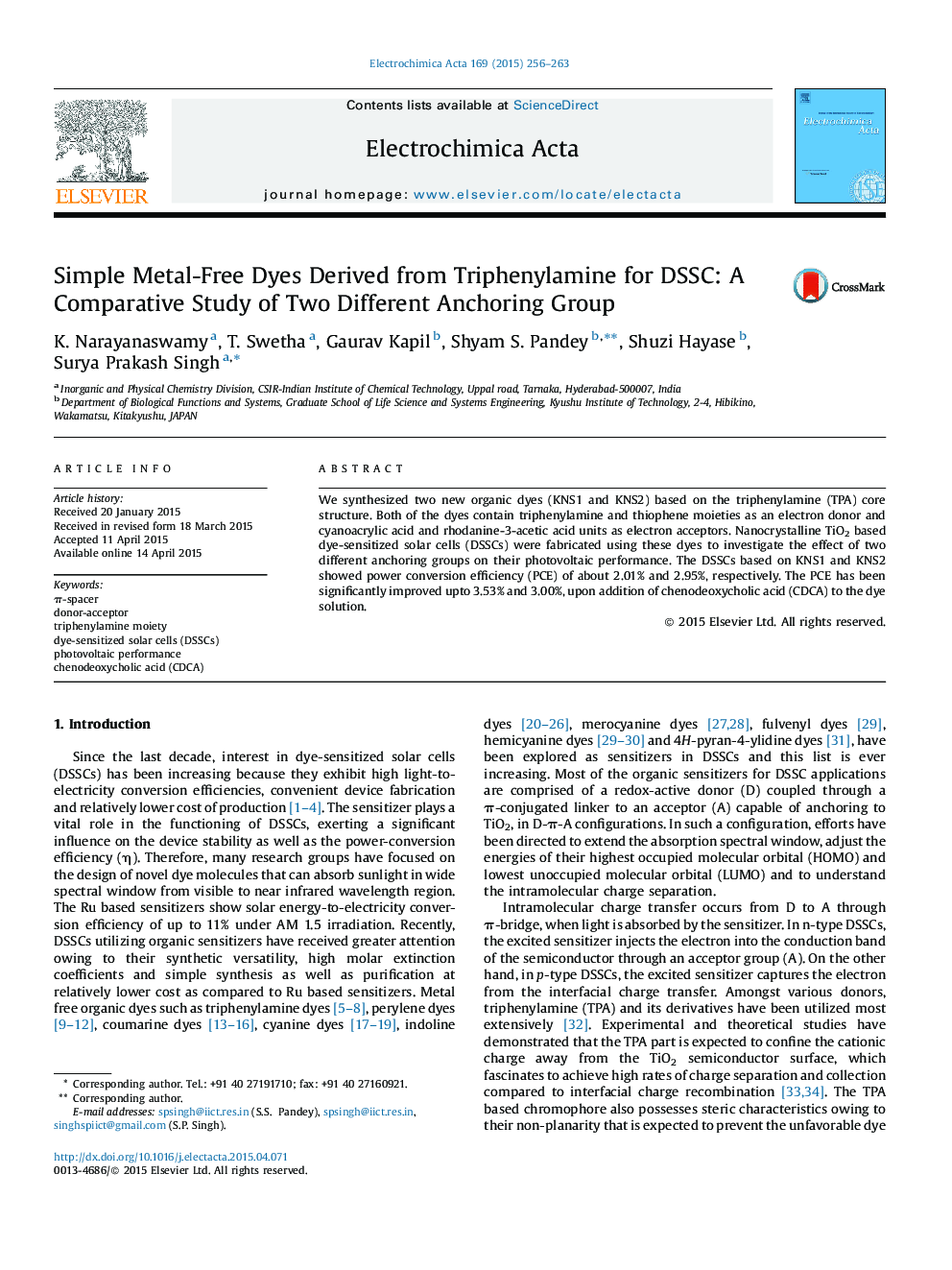 Simple Metal-Free Dyes Derived from Triphenylamine for DSSC: A Comparative Study of Two Different Anchoring Group