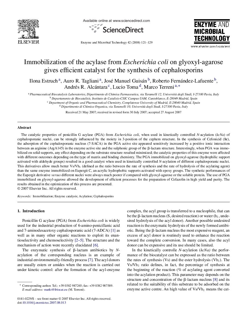 Immobilization of the acylase from Escherichia coli on glyoxyl-agarose gives efficient catalyst for the synthesis of cephalosporins