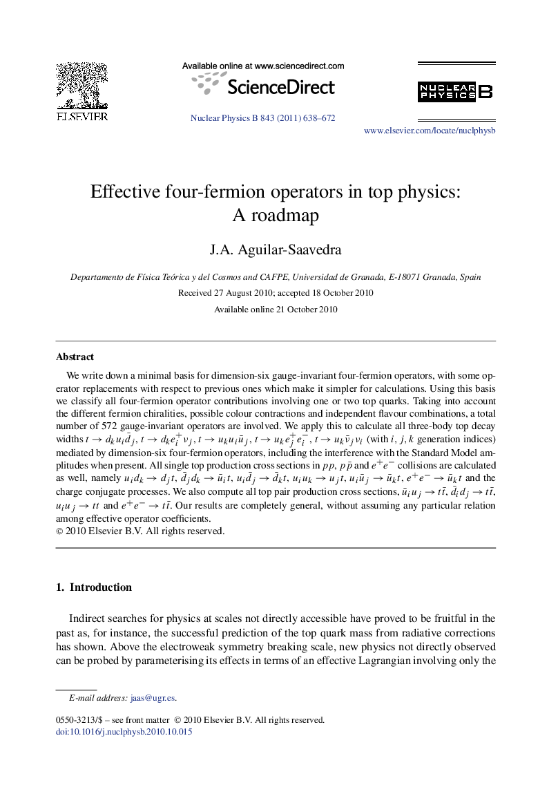 عکس صفحه اول مقاله: Effective four-fermion operators in top physics: A roadmap Effective four-fermion operators in top physics: A roadmap