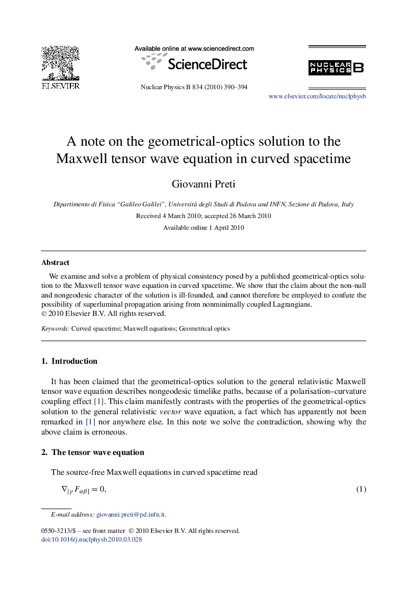 A note on the geometrical-optics solution to the Maxwell tensor wave equation in curved spacetime