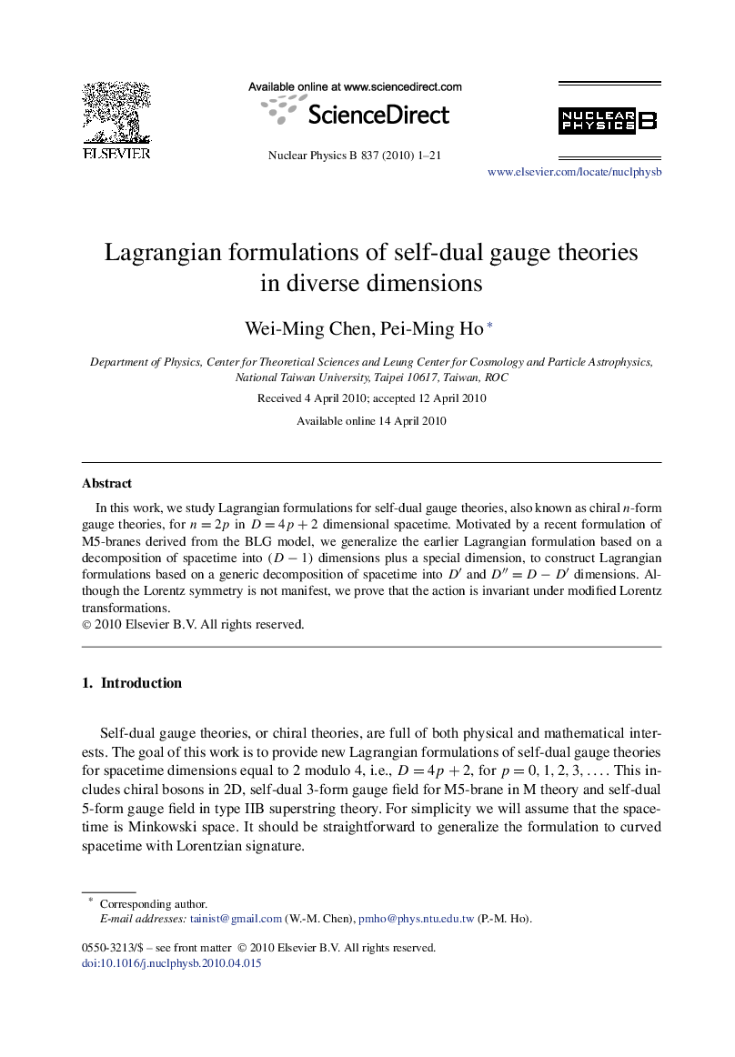 عکس صفحه اول مقاله: Lagrangian formulations of self-dual gauge theories in diverse dimensions Lagrangian formulations of self-dual gauge theories in diverse dimensions
