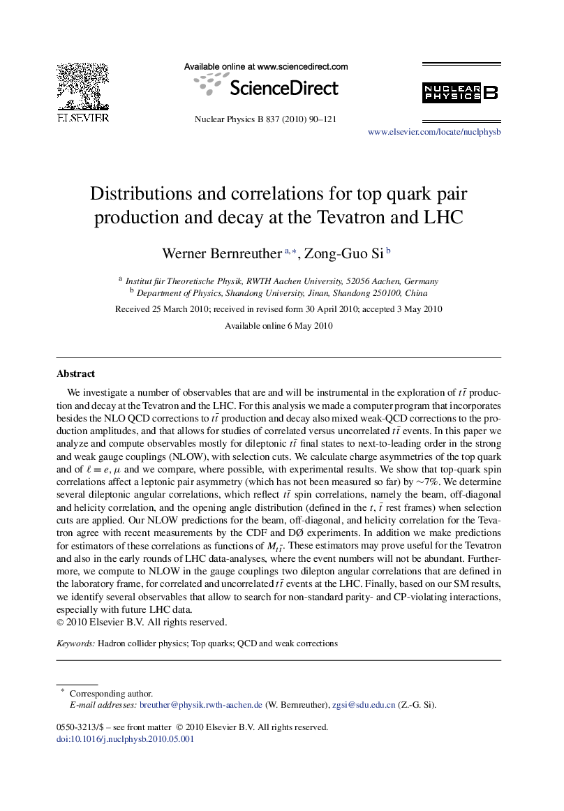 Distributions and correlations for top quark pair production and decay at the Tevatron and LHC