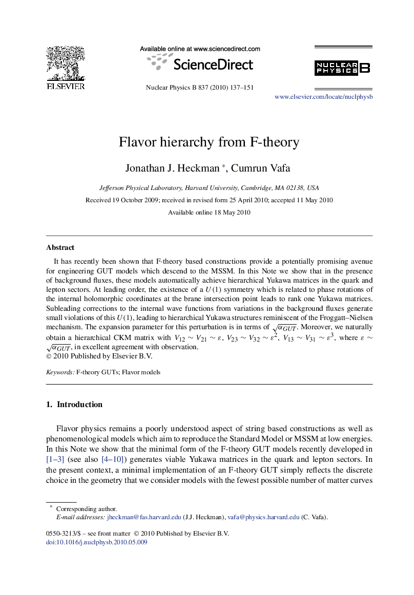 عکس صفحه اول مقاله: Flavor hierarchy from F-theory Flavor hierarchy from F-theory