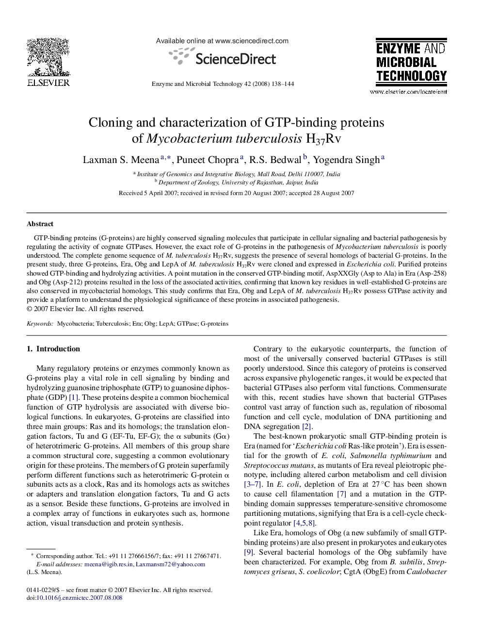 Cloning and characterization of GTP-binding proteins of Mycobacterium tuberculosis H37Rv