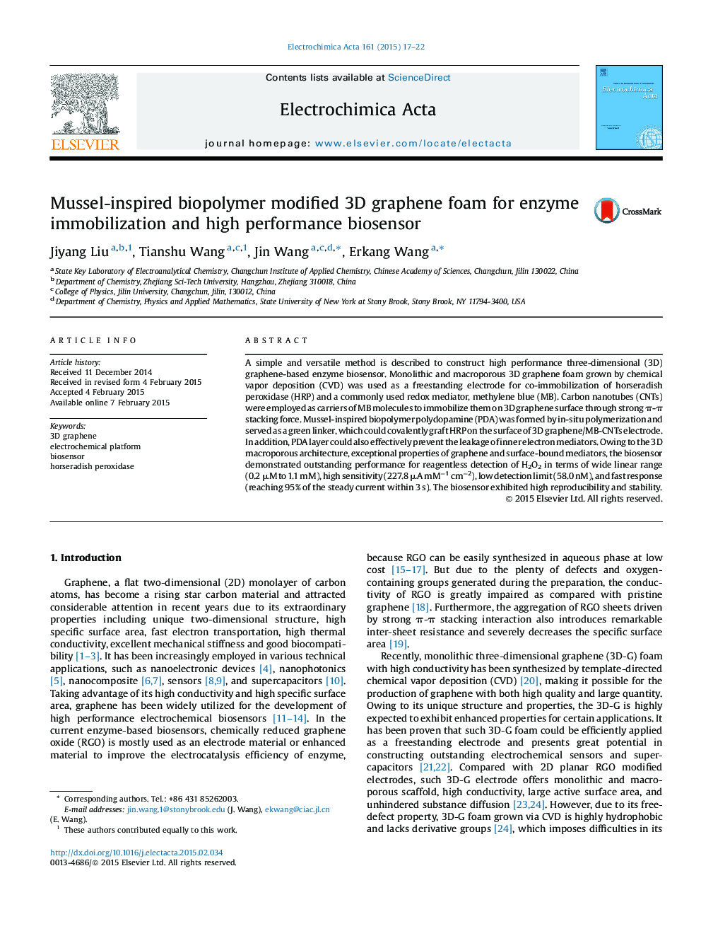 Mussel-inspired biopolymer modified 3D graphene foam for enzyme immobilization and high performance biosensor