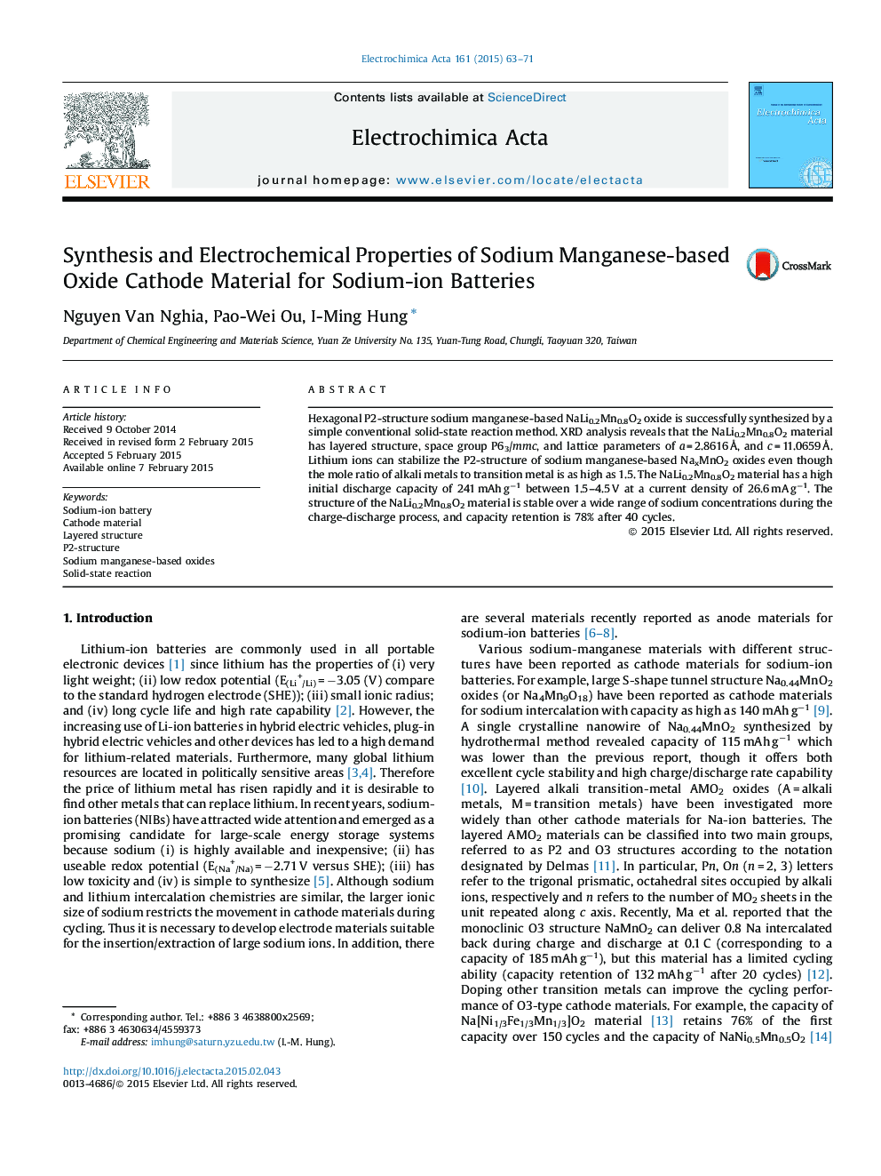 Synthesis and Electrochemical Properties of Sodium Manganese-based Oxide Cathode Material for Sodium-ion Batteries