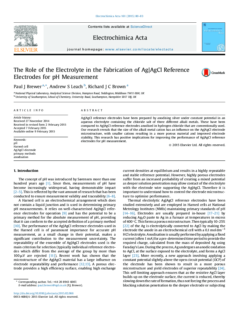 The Role of the Electrolyte in the Fabrication of Ag|AgCl Reference Electrodes for pH Measurement