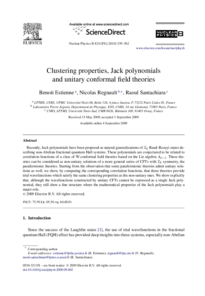 Clustering properties, Jack polynomials and unitary conformal field theories