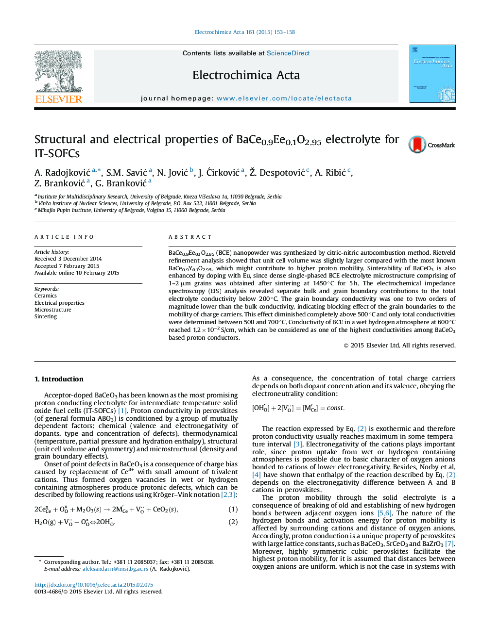 Structural and electrical properties of BaCe0.9Ee0.1O2.95 electrolyte for IT-SOFCs