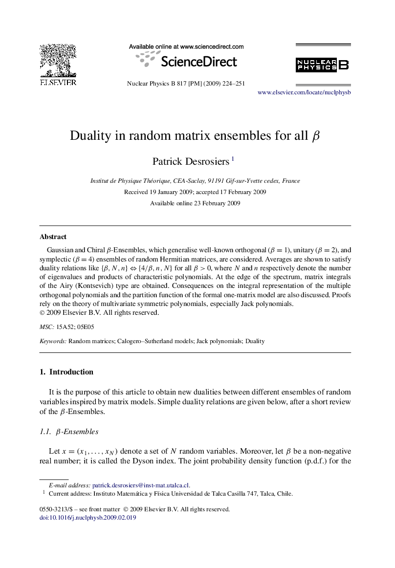 Duality in random matrix ensembles for all β