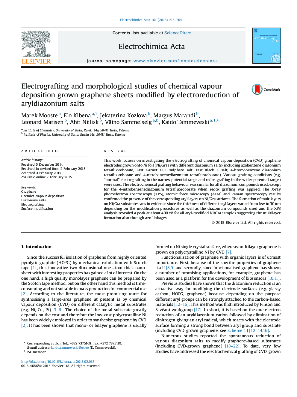 Electrografting and morphological studies of chemical vapour deposition grown graphene sheets modified by electroreduction of aryldiazonium salts