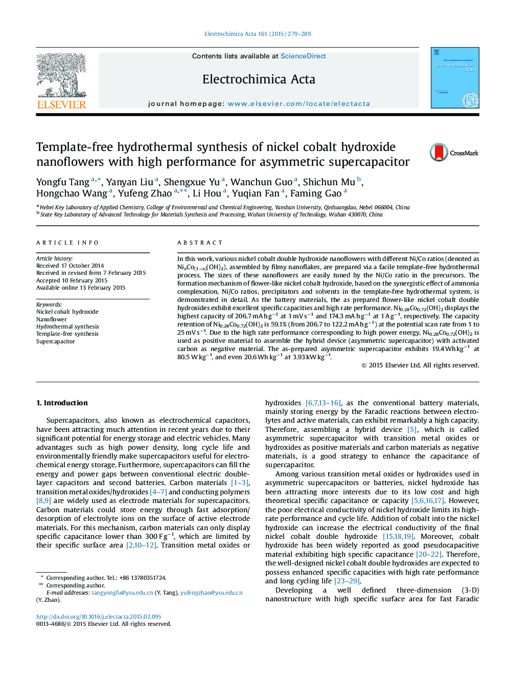 Template-free hydrothermal synthesis of nickel cobalt hydroxide nanoflowers with high performance for asymmetric supercapacitor