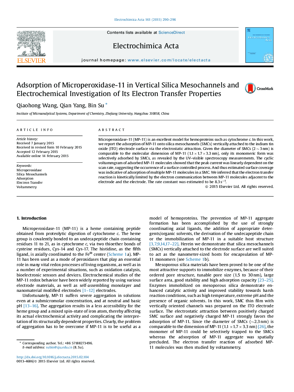 Adsorption of Microperoxidase-11 in Vertical Silica Mesochannels and Electrochemical Investigation of Its Electron Transfer Properties