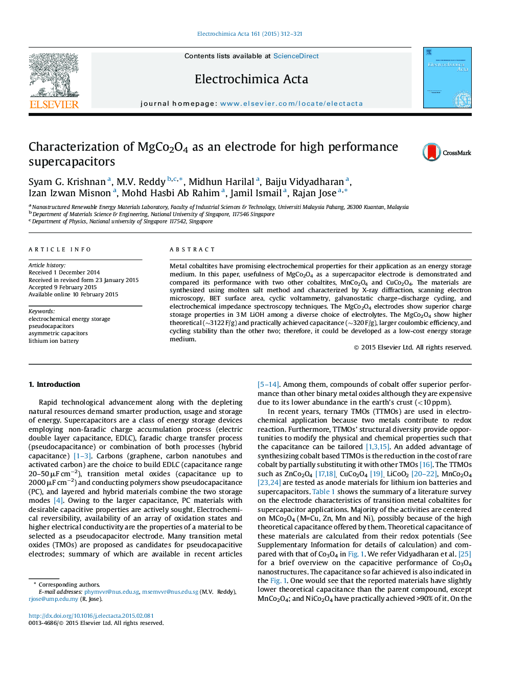 Characterization of MgCo2O4 as an electrode for high performance supercapacitors