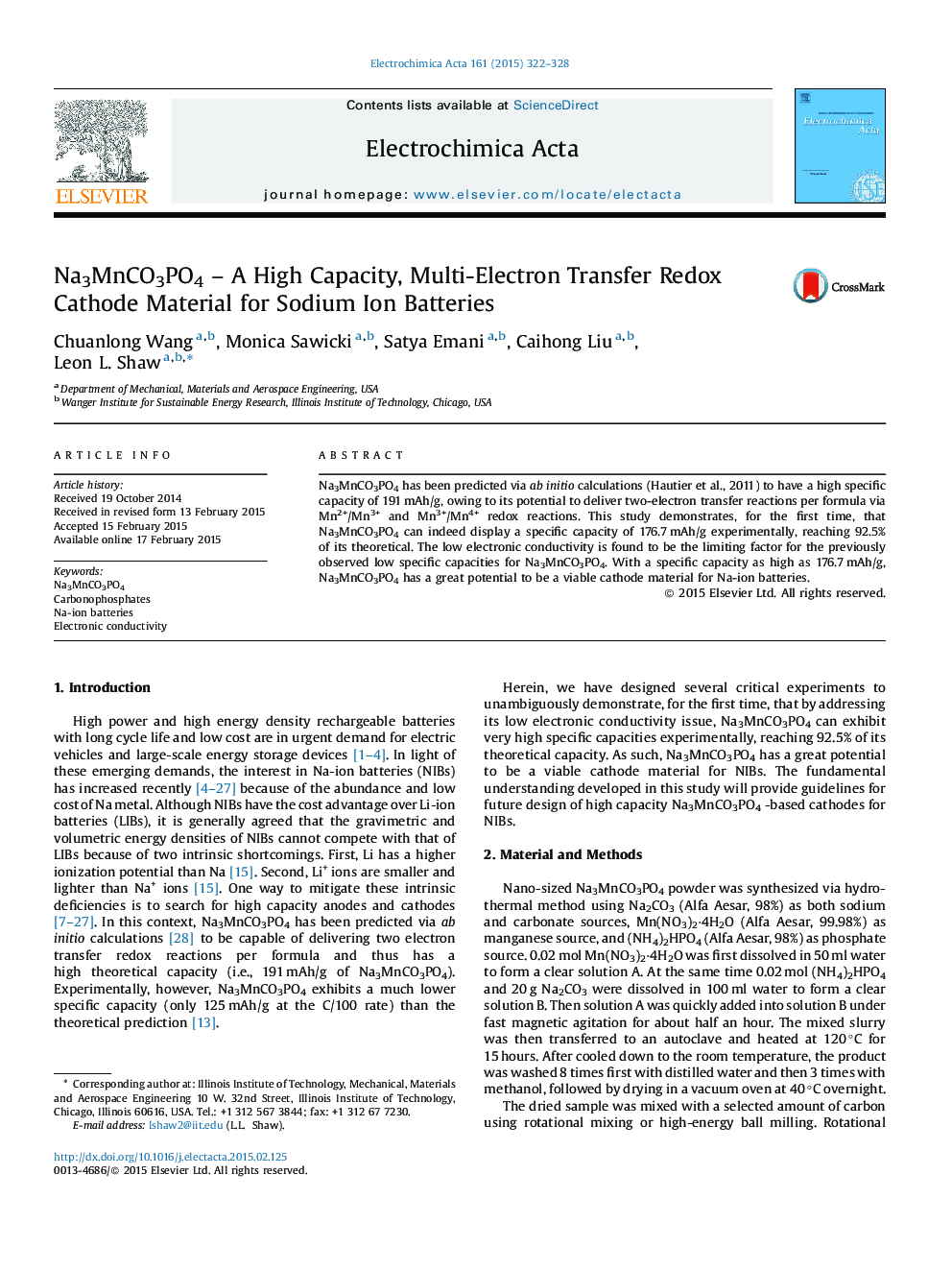 Na3MnCO3PO4 – A High Capacity, Multi-Electron Transfer Redox Cathode Material for Sodium Ion Batteries