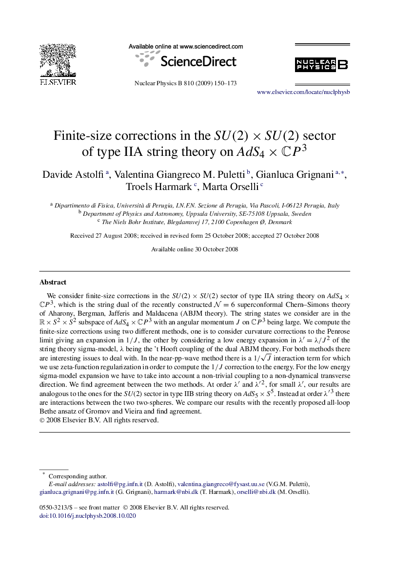 Finite-size corrections in the SU(2)ÃSU(2) sector of type IIA string theory on AdS4ÃCP3