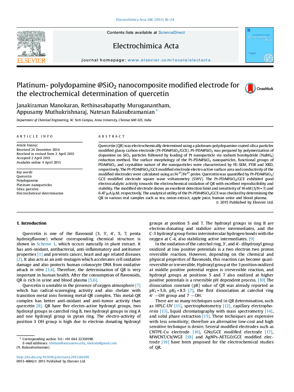 عکس صفحه اول مقاله: Platinum- polydopamine @SiO2 nanocomposite modified electrode for the electrochemical determination of quercetin Platinum- polydopamine @SiO2 nanocomposite modified electrode for the electrochemical determination of quercetin