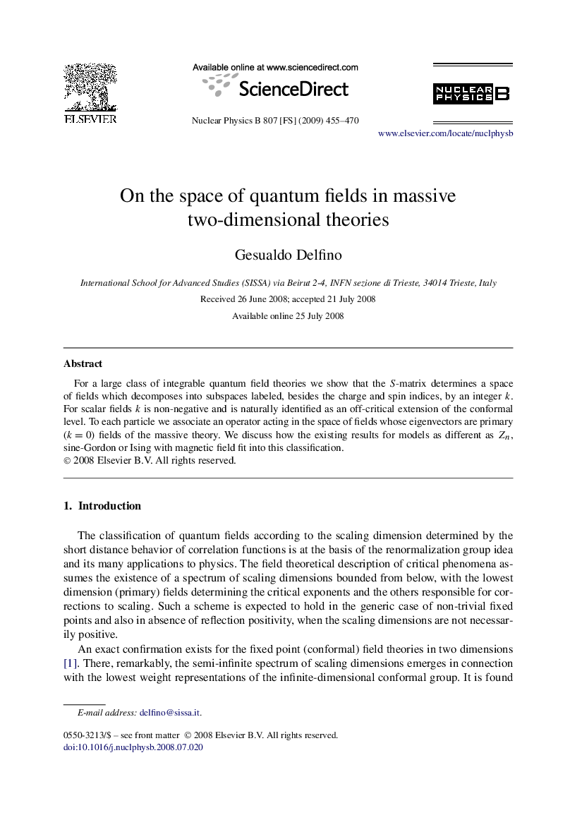 عکس صفحه اول مقاله: On the space of quantum fields in massive two-dimensional theories On the space of quantum fields in massive two-dimensional theories