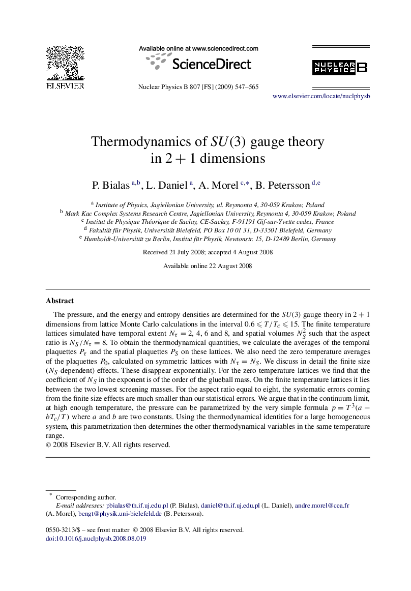 عکس صفحه اول مقاله: Thermodynamics of SU(3) gauge theory in 2+1 dimensions Thermodynamics of SU(3) gauge theory in 2+1 dimensions