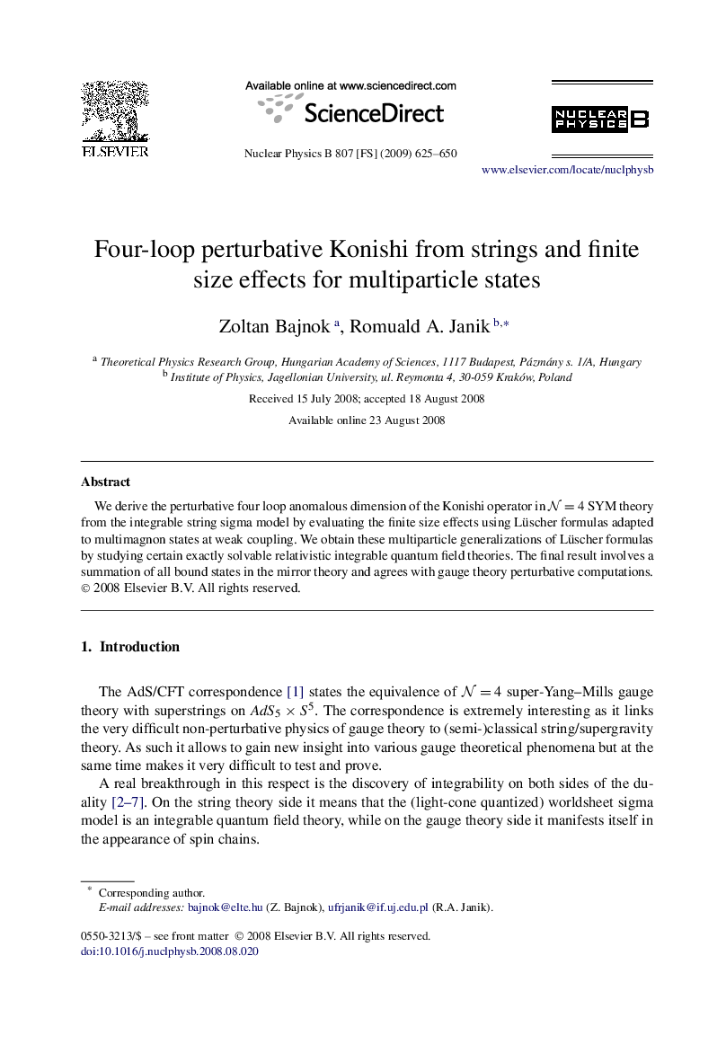عکس صفحه اول مقاله: Four-loop perturbative Konishi from strings and finite size effects for multiparticle states Four-loop perturbative Konishi from strings and finite size effects for multiparticle states