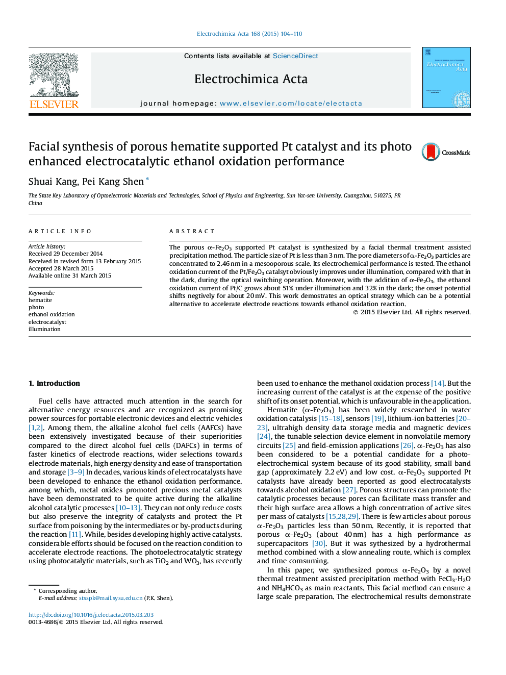 Facial synthesis of porous hematite supported Pt catalyst and its photo enhanced electrocatalytic ethanol oxidation performance