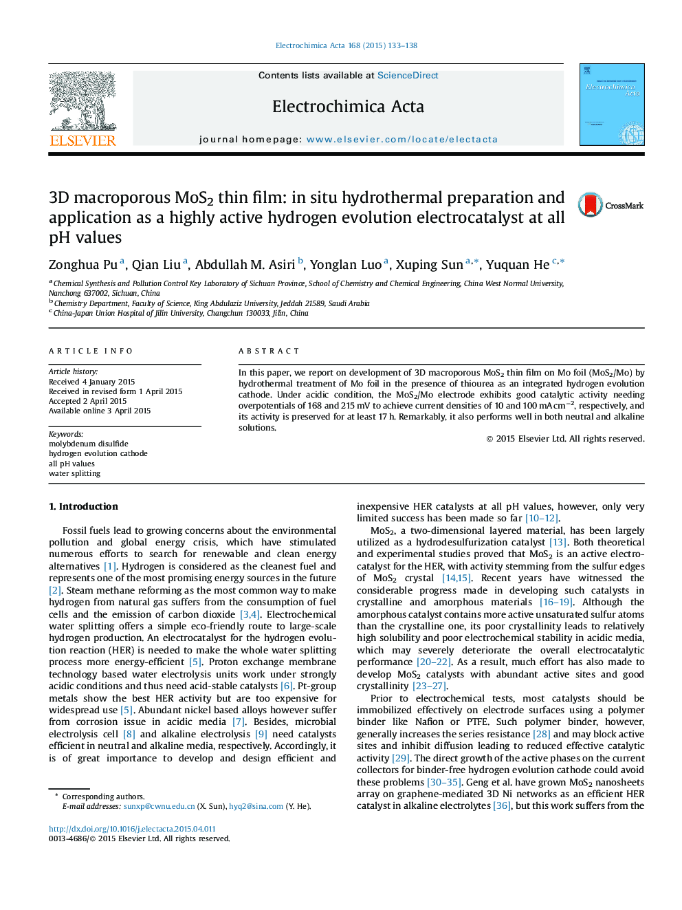 3D macroporous MoS2 thin film: in situ hydrothermal preparation and application as a highly active hydrogen evolution electrocatalyst at all pH values