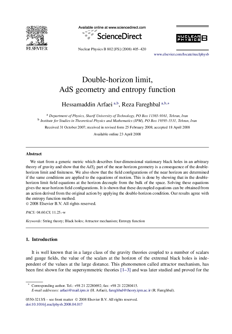 Double-horizon limit, AdS geometry and entropy function
