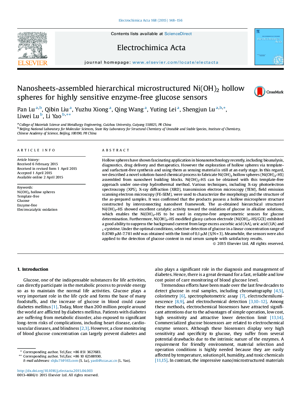 Nanosheets-assembled hierarchical microstructured Ni(OH)2 hollow spheres for highly sensitive enzyme-free glucose sensors