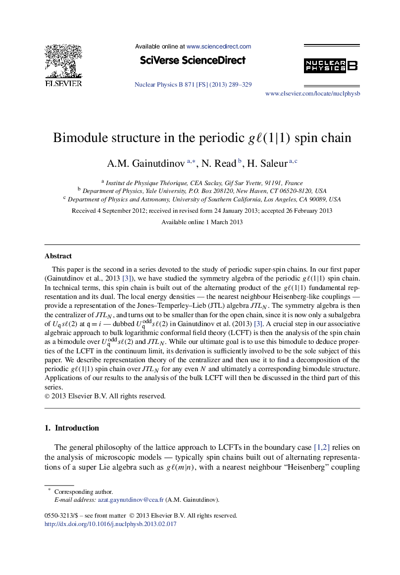 عکس صفحه اول مقاله: Bimodule structure in the periodic gâ(1|1) spin chain Bimodule structure in the periodic gâ(1|1) spin chain