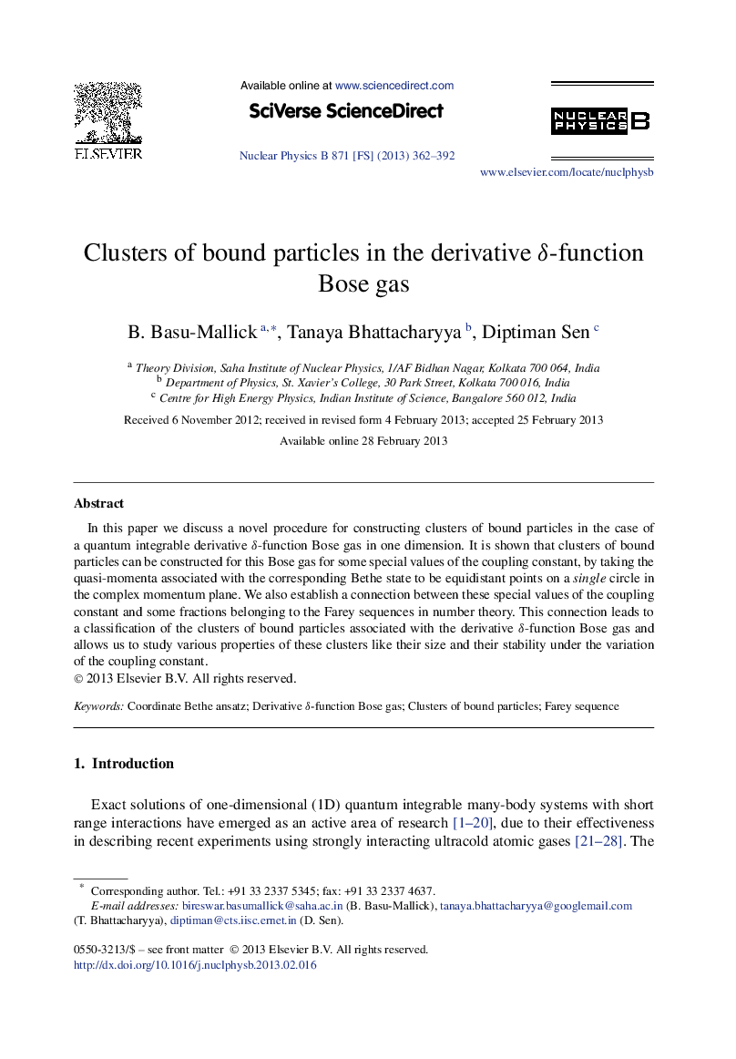 Clusters of bound particles in the derivative Î´-function Bose gas