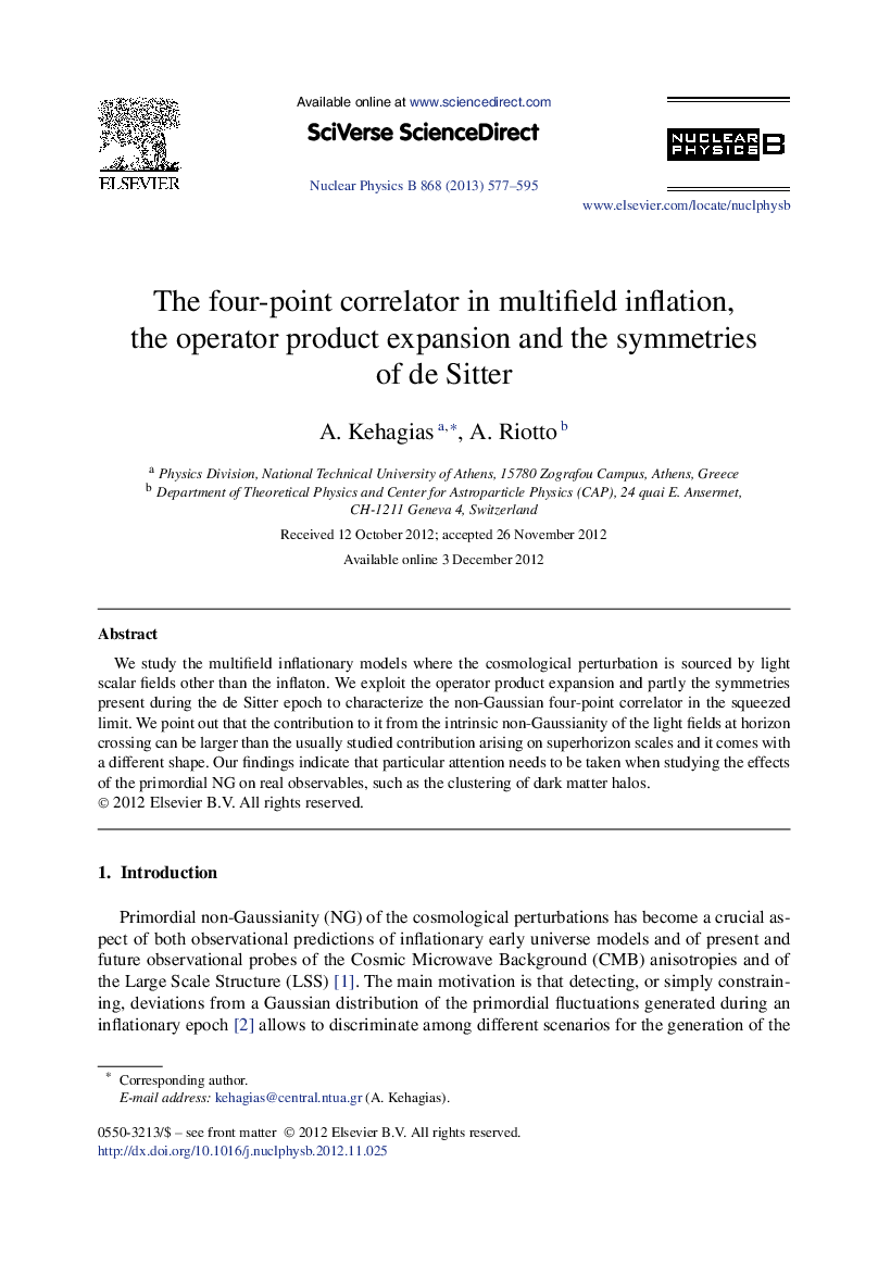 عکس صفحه اول مقاله: The four-point correlator in multifield inflation, the operator product expansion and the symmetries of de Sitter The four-point correlator in multifield inflation, the operator product expansion and the symmetries of de Sitter