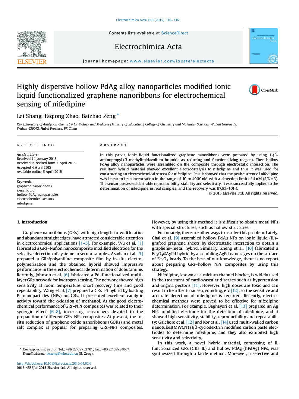 عکس صفحه اول مقاله: Highly dispersive hollow PdAg alloy nanoparticles modified ionic liquid functionalized graphene nanoribbons for electrochemical sensing of nifedipine Highly dispersive hollow PdAg alloy nanoparticles modified ionic liquid functionalized graphene nanoribbons for electrochemical sensing of nifedipine