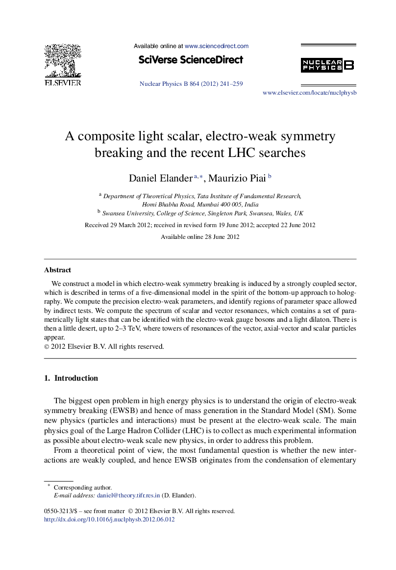 A composite light scalar, electro-weak symmetry breaking and the recent LHC searches