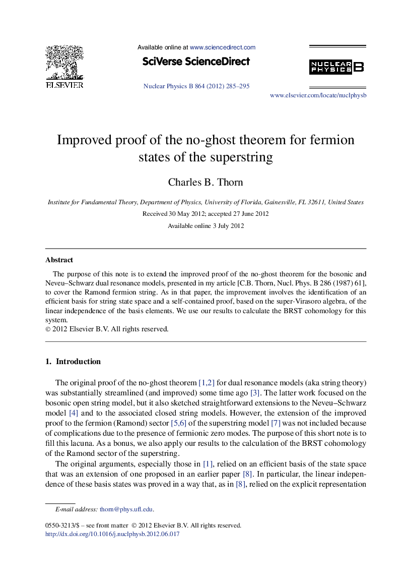 عکس صفحه اول مقاله: Improved proof of the no-ghost theorem for fermion states of the superstring Improved proof of the no-ghost theorem for fermion states of the superstring